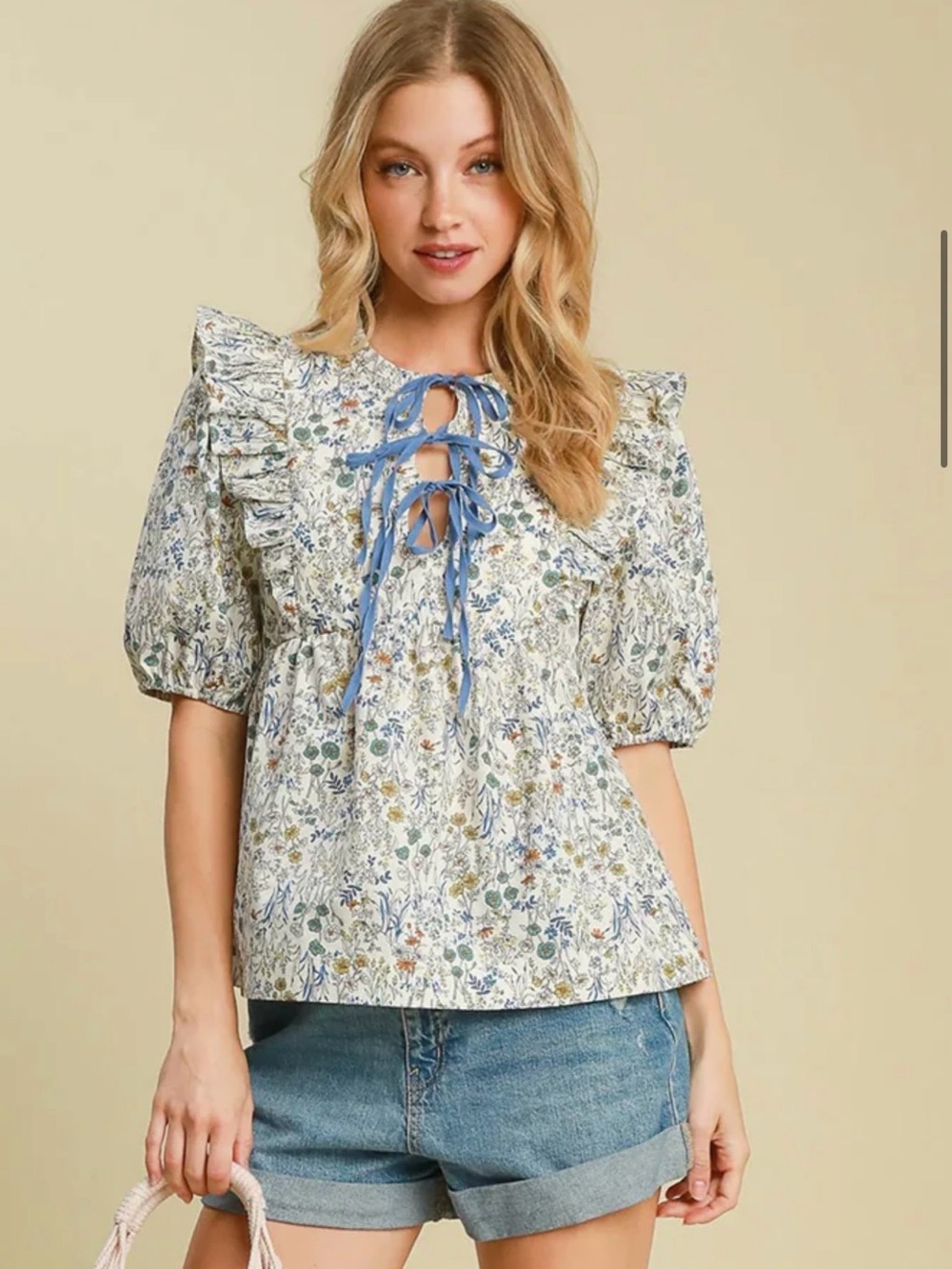 Umgee Cream Floral Ruffle Puff Sleeve Top with Blue Ties
